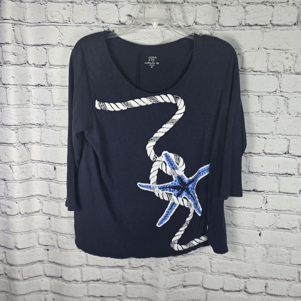 Crown & Ivy Women's Medium Navy-White Rope Starfish Beaded Shirt